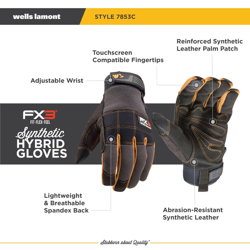Wells Lamont FX3 Men's Work Gloves â€“ Dexterity, Synthetic Leather Palm, Reinforced Fingertipsâ€“ Stretch Spandex for Comfort â€“ Touchscreen-Ready, All-Purpose Use, Ergonomic Fitâ€“ Black, X-Large (7853XLC) - Image 3